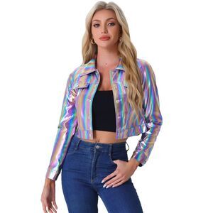 Metallic Moto Biker Jacket Holographic Shiny Crop Party Jackets Multicolor